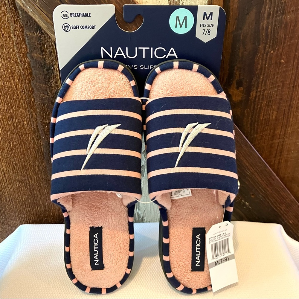 New! Womens Nautica Dark Navy & Mauve Striped Slippers Size M Fits Size 7/8
